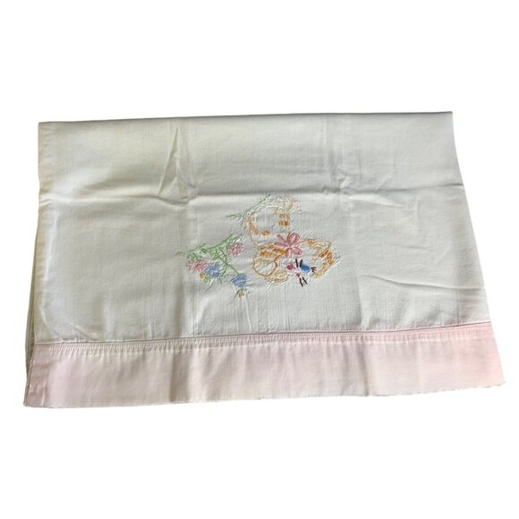 Vintage Embroidered Cat Pillowcase White Cotton with Pink Trim Floral Design 15x - Picture 1 of 11